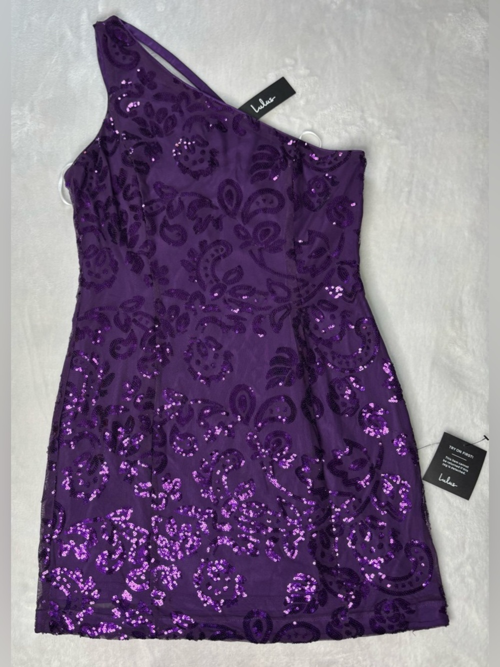 Lulus Purple Sequin One Shoulder Mini Dress XL Triple Strap NWT - Picture 10 of 16